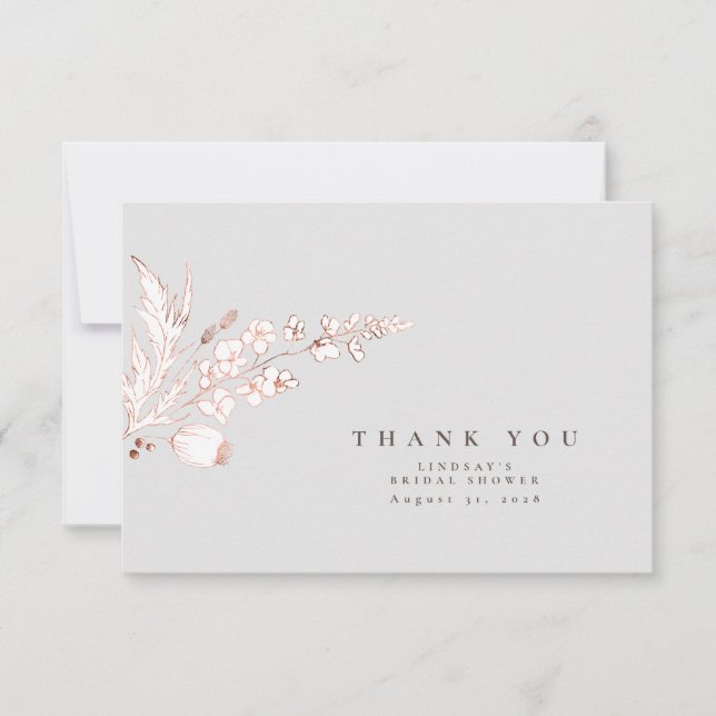 Hand-drawn Pink Gold Wildflowers Elegant Thank You Card (Front)