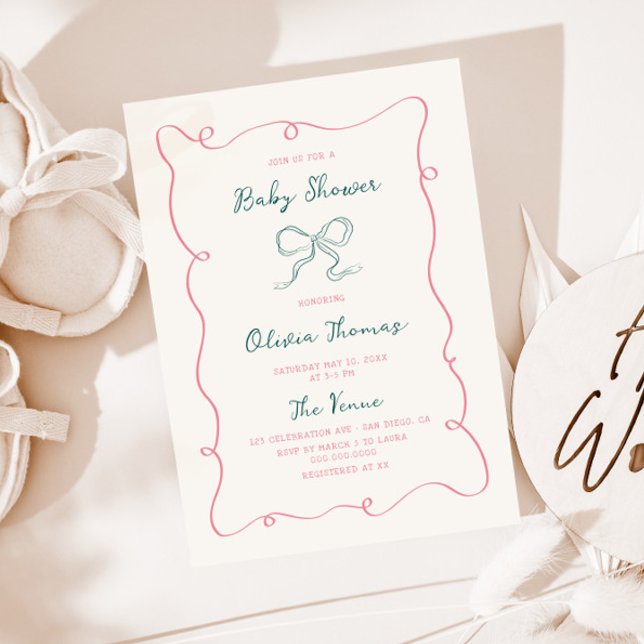 Hand Drawn Pink Green Bow Baby Shower Invitation (Creator Uploaded)