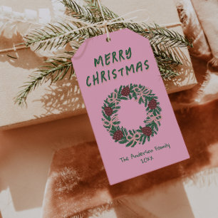 Hand Drawn Pink Green Christmas Wreath Bows Gift Tags