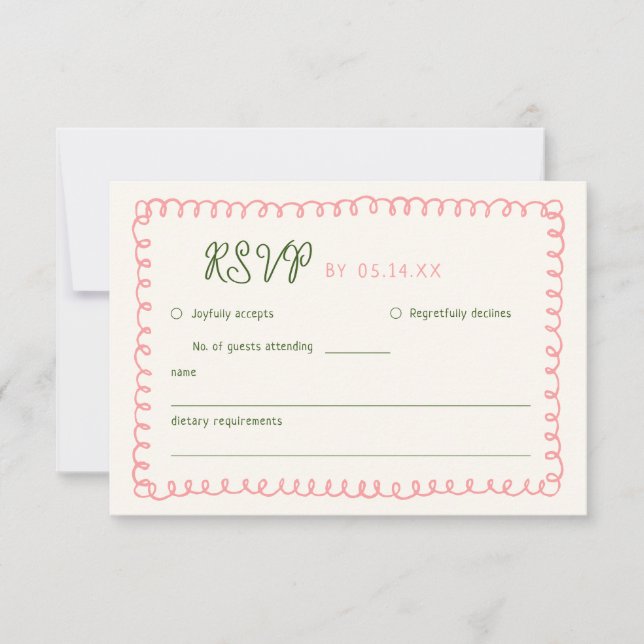 Hand Drawn Pink Green French Fun Wedding  RSVP Card (Front)