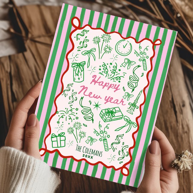 Hand Drawn pink green happy new year greetings Holiday Card (Creator Uploaded)