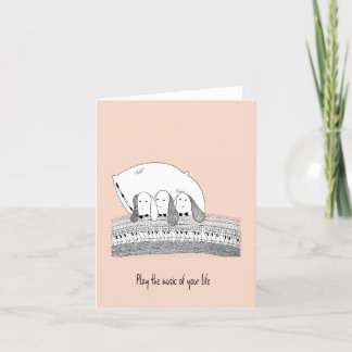 Hand Drawn Pink Greeting Card Rabbits Play Piano