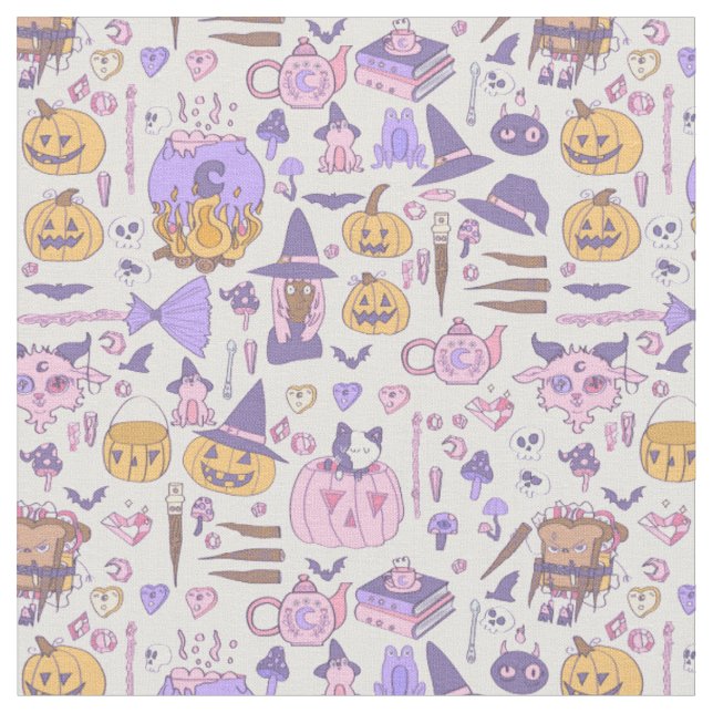 hand drawn pink halloween african witch cauldron  fabric (Close Up)