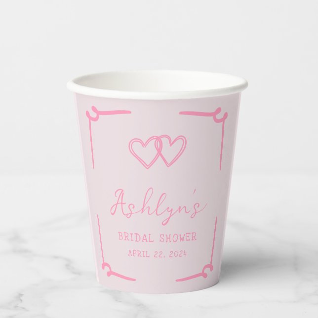 Hand Drawn Pink Heart Bridal Shower Paper Cups (Front)