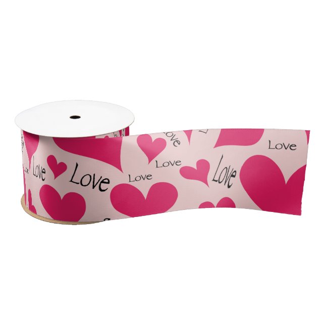 Hand-drawn Pink Heart Love Satin Ribbon (Spool)