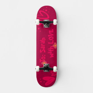 Hand-Drawn Pink Hearts & Floral Romantic Skateboard