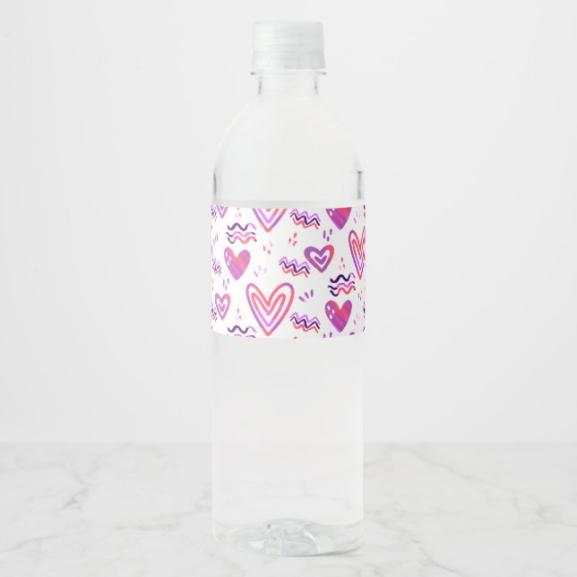 Hand Drawn Pink Hearts Valentine Pattern Water Bottle Label (Front)