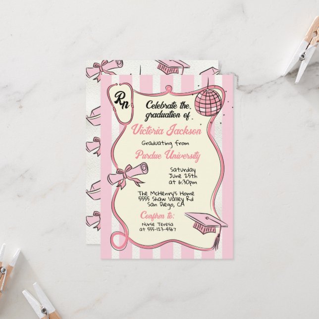 Hand drawn Pink Medical RN Disco Ball Graduation Invitation (Front/Back In Situ)