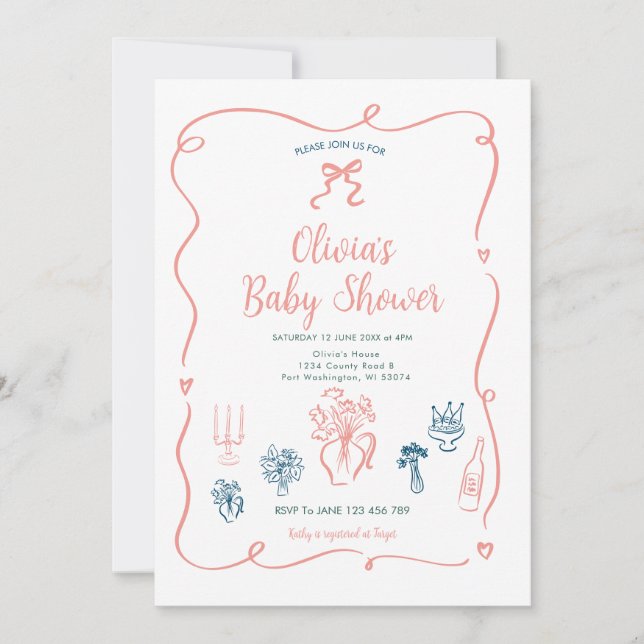 Hand Drawn Pink Peach Baby Shower Invitation (Front)