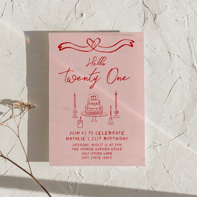Hand Drawn Pink Red Cake Hello Twenty One Birthday Invitation (Creator Uploaded)