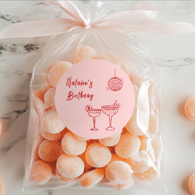 Hand Drawn Pink Red Cocktail Glasses Birthday Classic Round Sticker (Creator Uploaded)