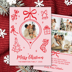 Hand-Drawn Pink Red Doodle Photo Merry Christmas Holiday Card