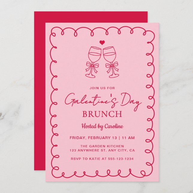 Hand Drawn Pink Red Galentine's Day Brunch Invitation (Front/Back)