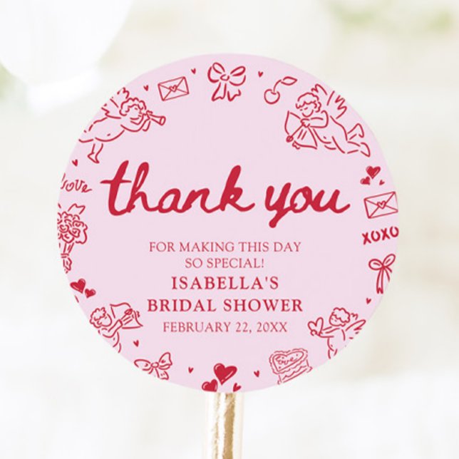 Hand Drawn Pink Red Hearts Valentine Bridal Shower Classic Round Sticker (Hand Drawn Pink Red Hearts Valentine Bridal Shower Classic Round Sticker)