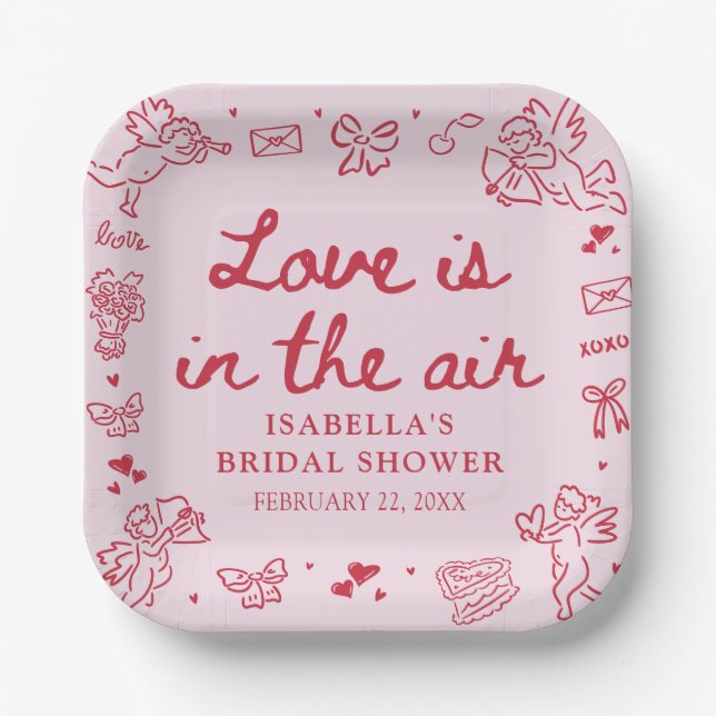 Hand Drawn Pink Red Hearts Valentine Bridal Shower Paper Plate (Front)