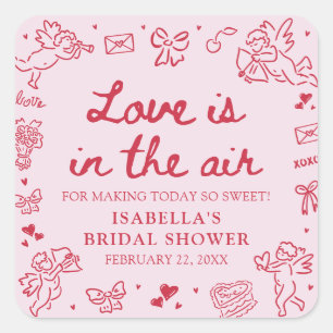 Hand Drawn Pink Red Hearts Valentine Bridal Shower Square Sticker
