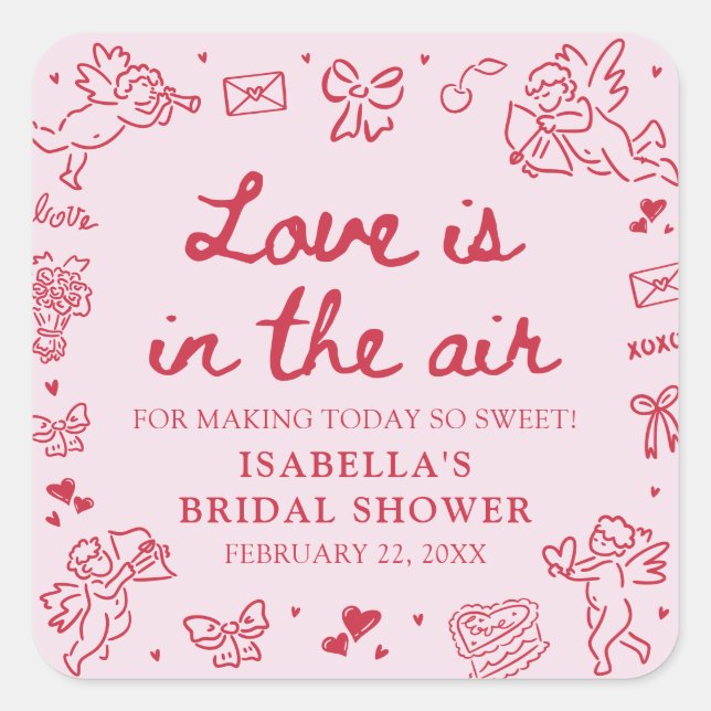 Hand Drawn Pink Red Hearts Valentine Bridal Shower Square Sticker (Front)