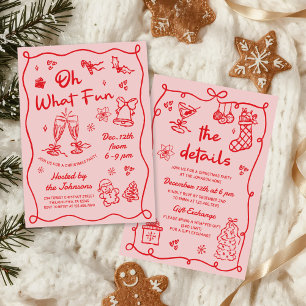 Hand Drawn Pink Red Modern Christmas Party Invitation