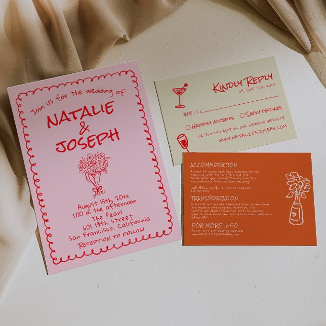 Hand Drawn Pink Red Retro Unique Quirky Wedding Invitation (Creator Uploaded)