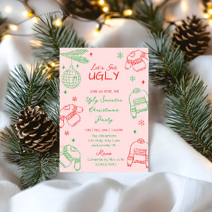 Hand Drawn Pink Red Ugly Sweater Christmas Party Holiday Card