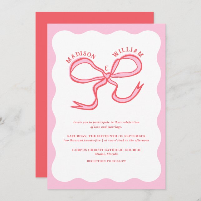 Hand Drawn Pink Red Wavy Wedding Invitation (Front/Back)
