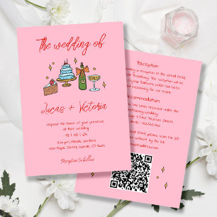 Hand Drawn Pink Retro Whimsical QR Code Wedding Invitation