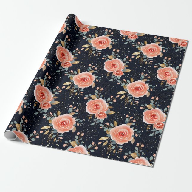 Hand Drawn Pink Rose, Navy & Gold Elegant Floral Wrapping Paper (Unrolled)