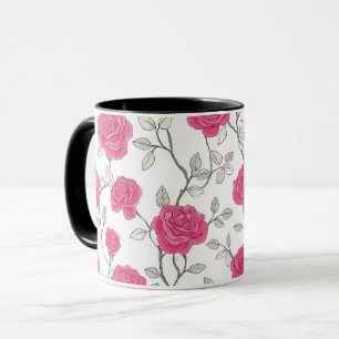 Hand Drawn Pink Rose White Floral Pattern Mug
