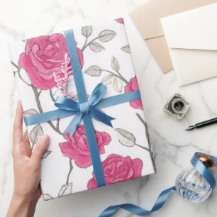 Hand Drawn Pink Rose White Floral Pattern Wrapping Paper