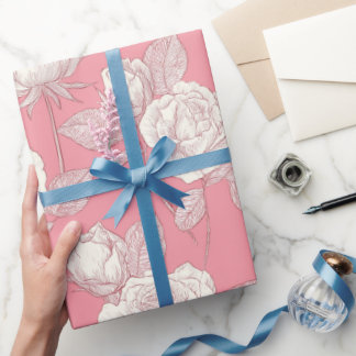 Hand Drawn Pink Rose White Floral Pattern Wrapping Paper