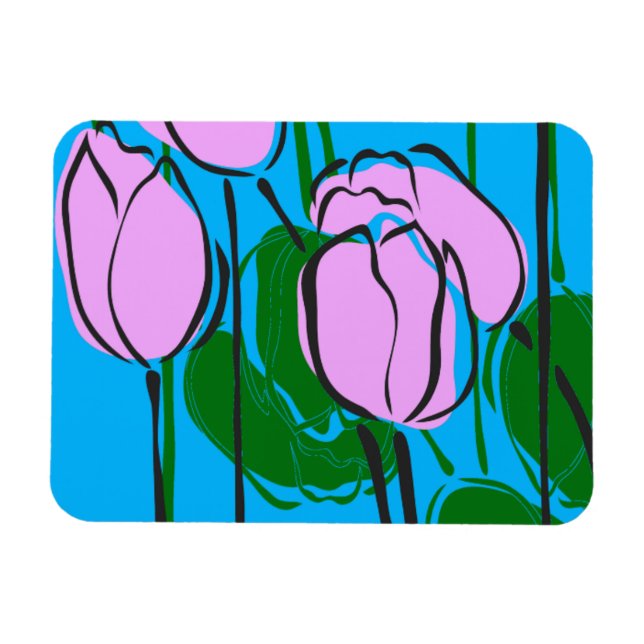 Hand Drawn Pink Tulips on Sky Blue Magnet (Horizontal)