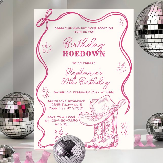 Hand Drawn Pink Western Birthday Hoedown Party Invitation (Creator Uploaded)