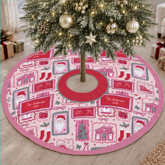 Hand Drawn Pink Whimsical Christmas Doodles Name Brushed Polyester Tree Skirt