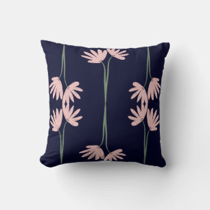 Hand Drawn Pink Wild Flowers Navy Blue Cushion