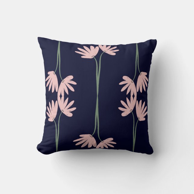Hand Drawn Pink Wild Flowers Navy Blue Cushion (Front)