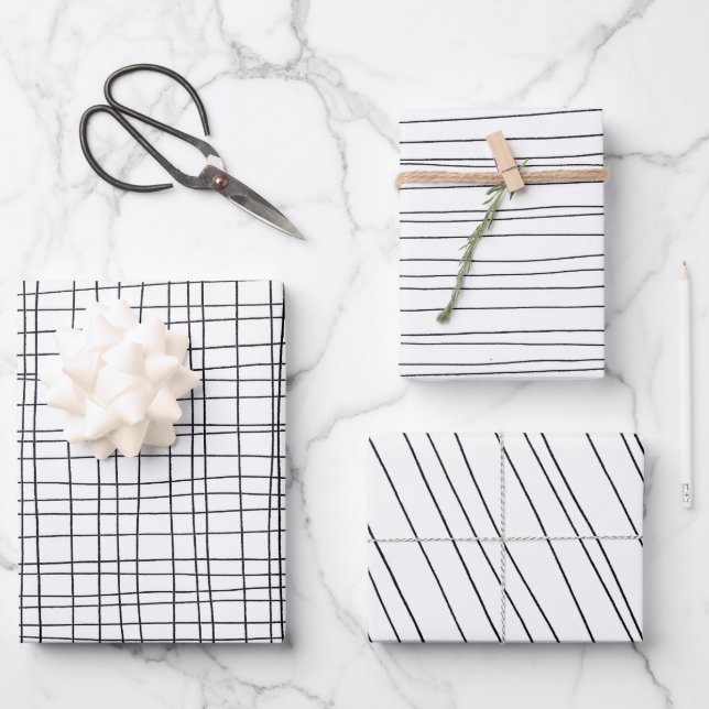 Hand Drawn Pinstripes Grid Wonky Black & White Wrapping Paper Sheet (Front)