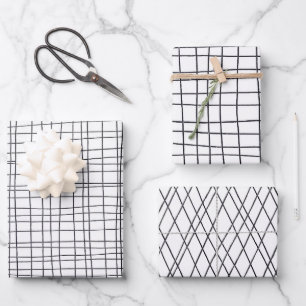 Hand Drawn Pinstripes Grid Wonky Black & White Wrapping Paper Sheet