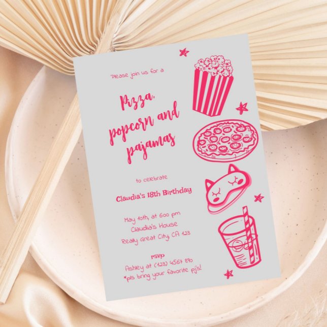 Hand Drawn Pizza Popcorn and Pyjamas Invitation (Creator Uploaded)