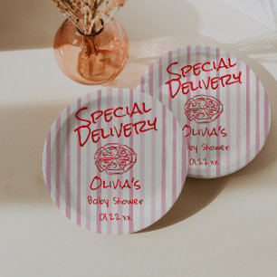Hand Drawn Pizza Red Special Delivery Baby Shower Paper Plate