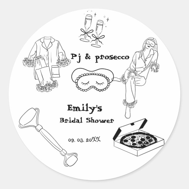 Hand Drawn Pj And Prosecco Bridal Shower  Classic Round Sticker (Front)