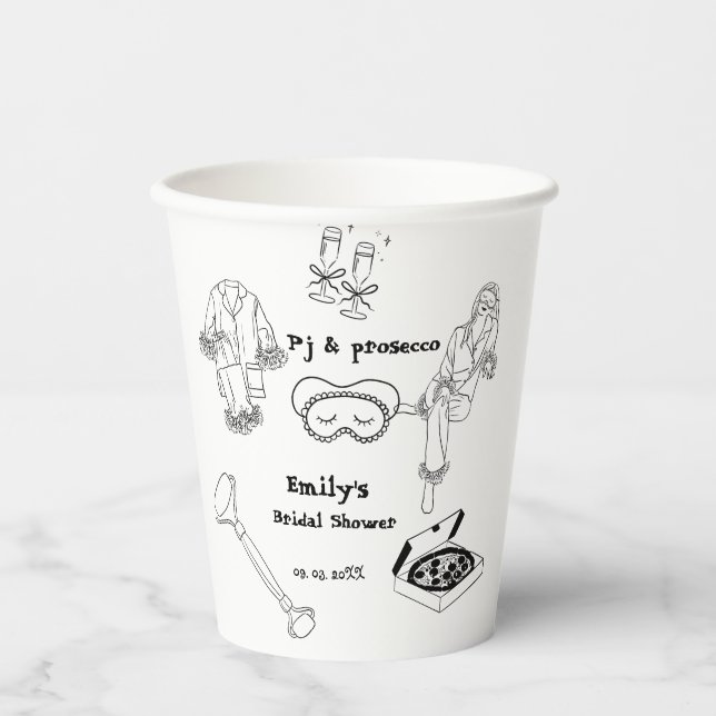 Hand Drawn Pj And Prosecco Bridal Shower  Paper Cups (Front)