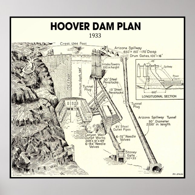 HAND DRAWN PLAN of HOOVER DAM 1933 Poster (Front)