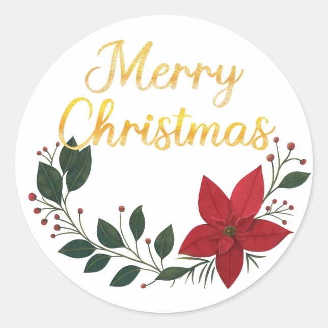 Hand Drawn Poinsettia Flower Merry Christmas  Classic Round Sticker (Front)