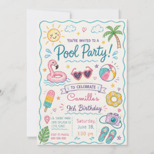 Hand Drawn Pool Party Summer Doodle Kids Birthday Invitation