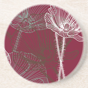 Hand Drawn Poppies on Red Coaster