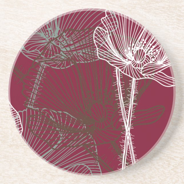 Hand Drawn Poppies on Red Coaster (Front)