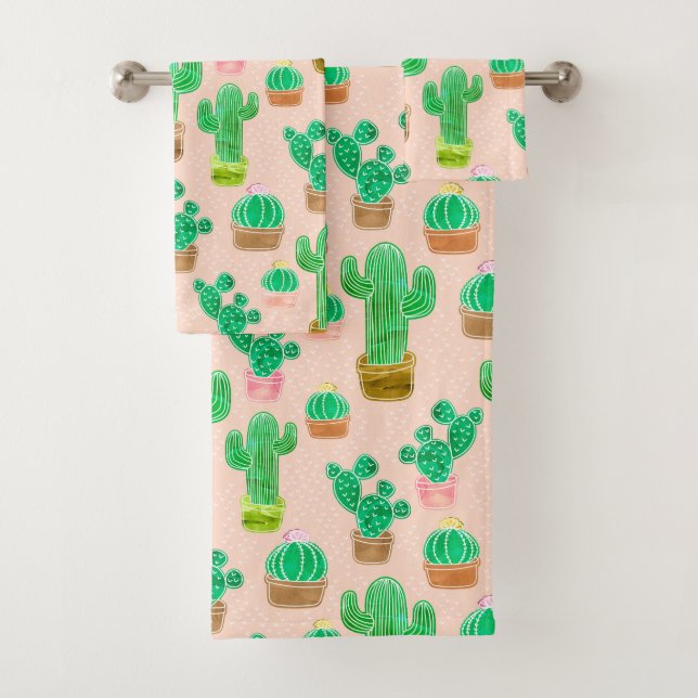 Hand Drawn Potted Cactus Pattern Bath Towel Set (Insitu)