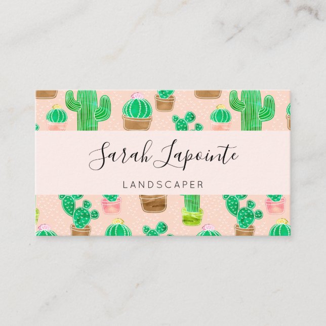 Hand Drawn Potted Cactus Pattern Business Card (Front)