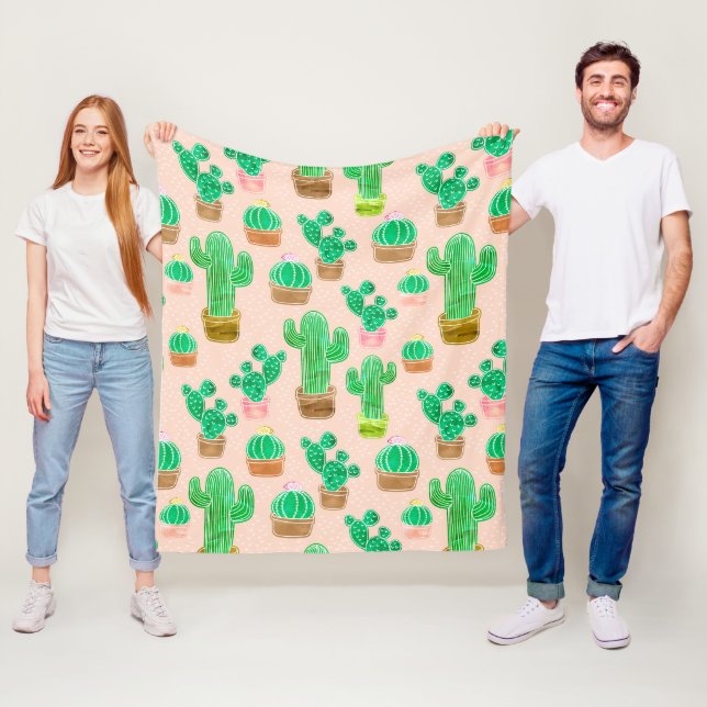 Hand Drawn Potted Cactus Pattern Fleece Blanket (In Situ)