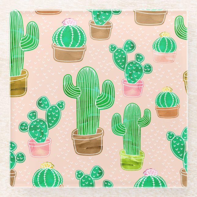 Hand Drawn Potted Cactus Pattern Glass Coaster (Front)